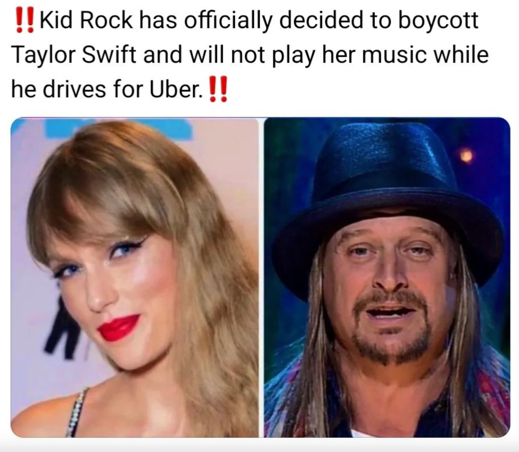 Taylor Swift - !! Kid Rock has officially decided to boycott Taylor Swift and will not play her music while he drives for Uber.!!